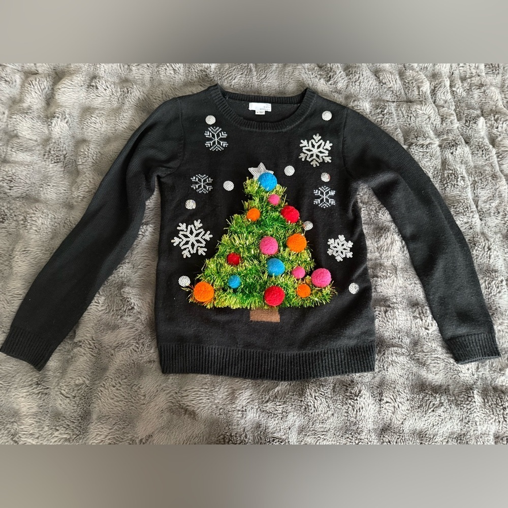 Ugly Christmas sweater women size M Christmas tree with pompoms